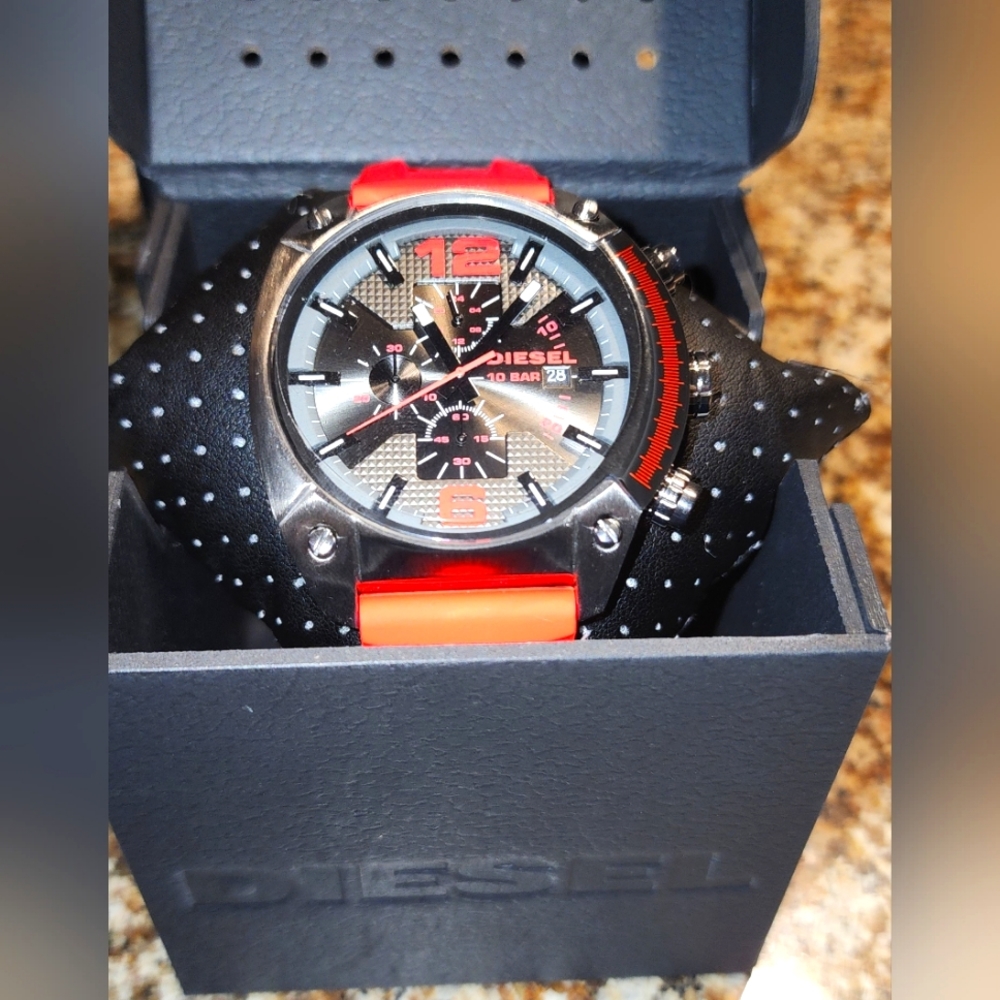 Diesel Men's Overflow Chronograph Gunmetal and Red Silicone Watch